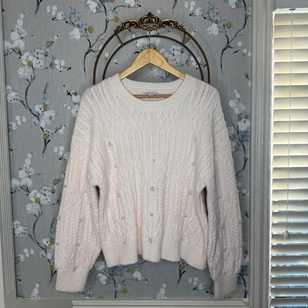 And Now This Womens Cable Knit Pearl Embellished Sweater Cream Pink Large